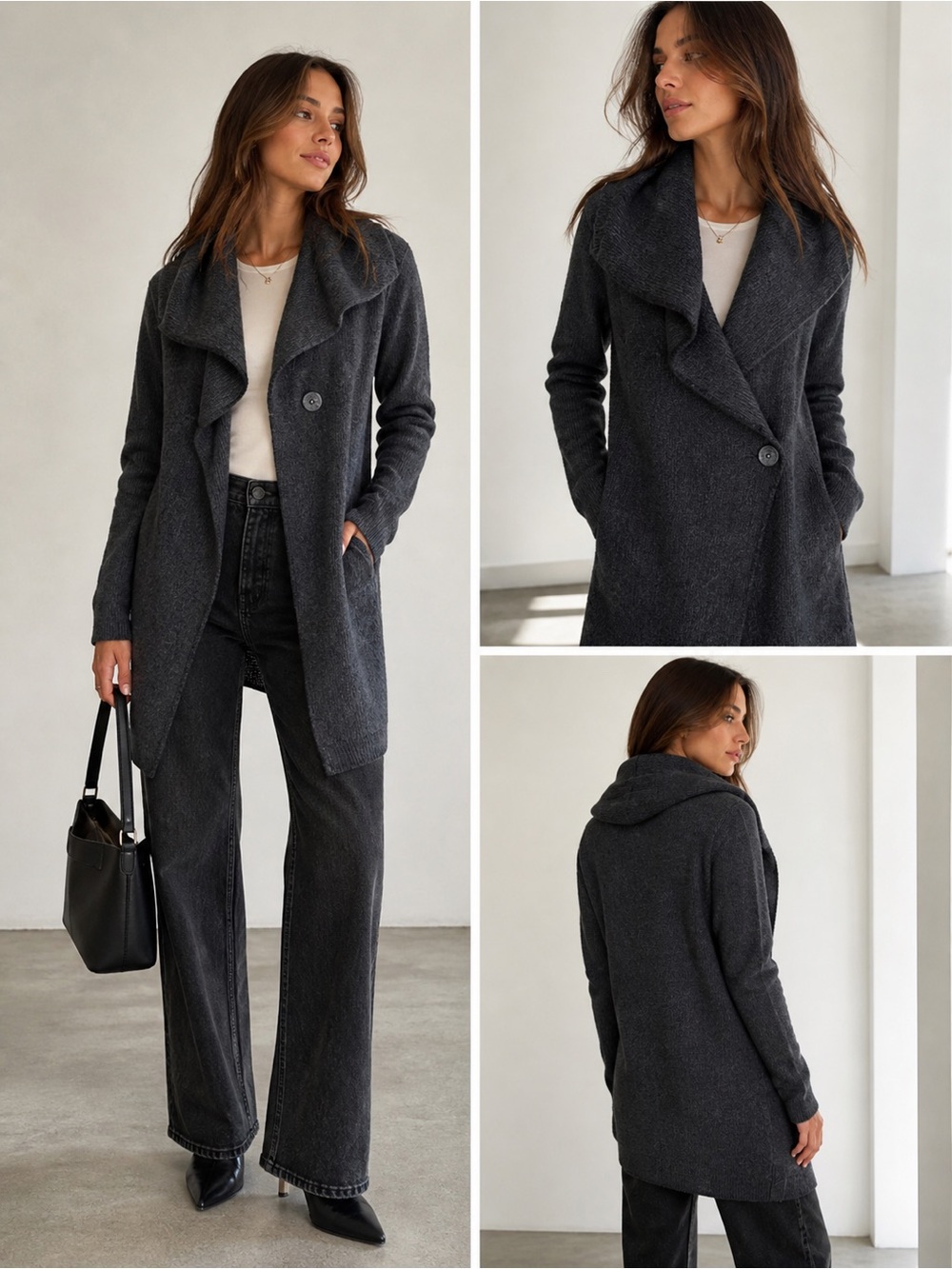 SORA Wool‎ Alpaca Blend Draped Cardigan Coat Gray Cozy 1 Button Knit Jacket XS/S